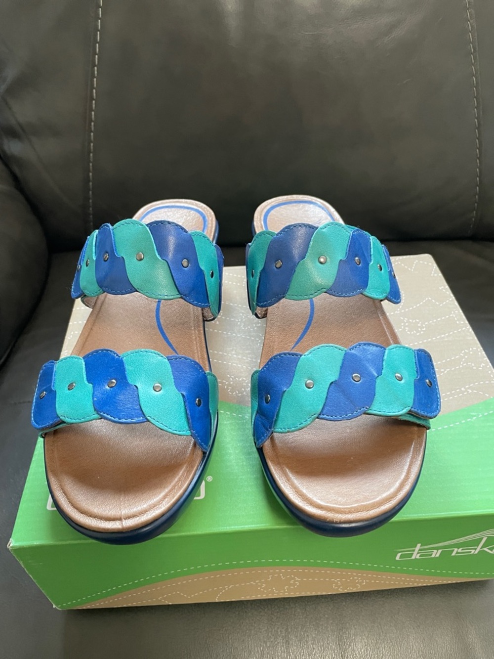 Dansko Blue and Teal Leather Double-Strap Slide Sandals